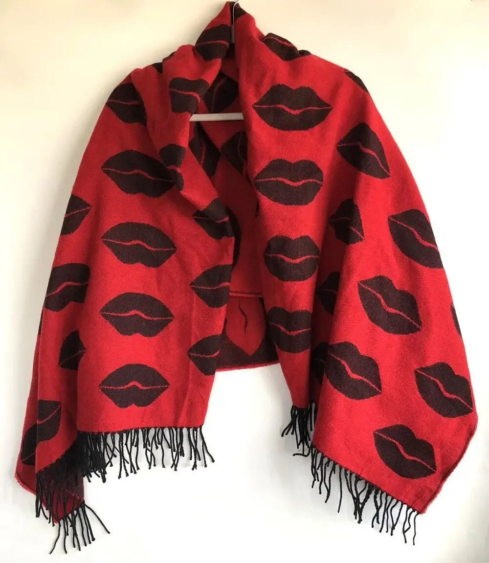 Victoria's Secret Scarf Reversable Lip Pattern Fringe Shawl Throw Wrap Scarf